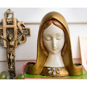 Vintage 1960s Kurt Adler Gold Virgin Mary Candle Holder Statue Madonna Art